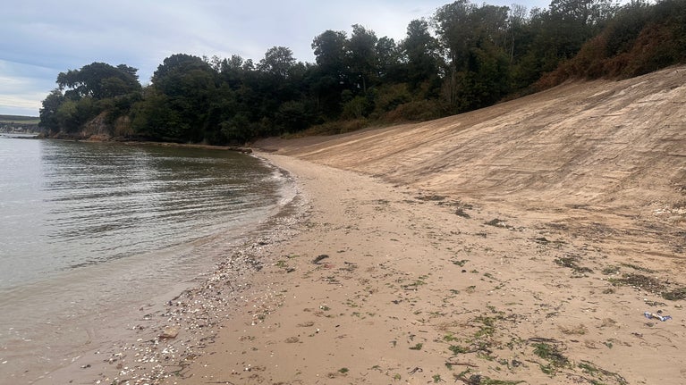 Middle Beach showing the cliff reprofiled so it gradually slopes down the the sea. No sea defences or man-made structures are in view.
